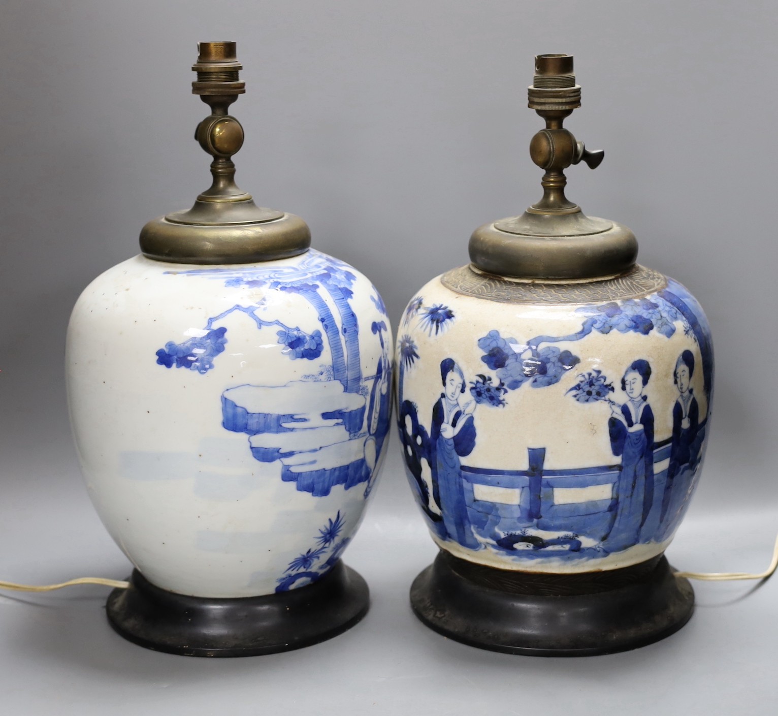 Two 19th century Chinese blue and white jars mounted as lamps, tallest 37cm